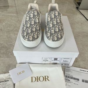 CHRISTIAN DIOR Solar Logo Slip-On Sneakers Grey Stone Embroidered Cotton Size 38